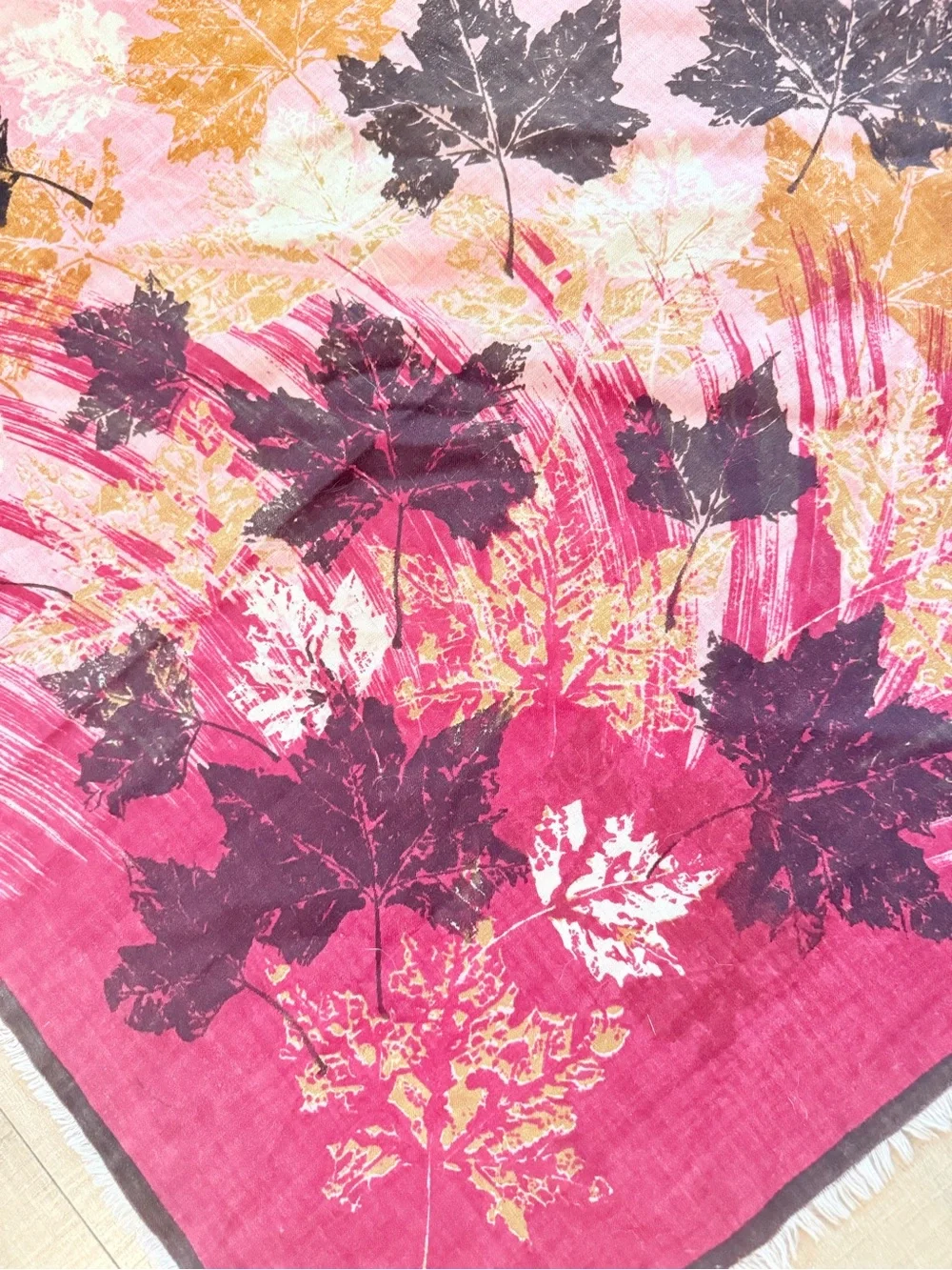 VTG Leaf Print large Square wool scarf 30.5 x 30.5 Pink Burgundy brown mustard
